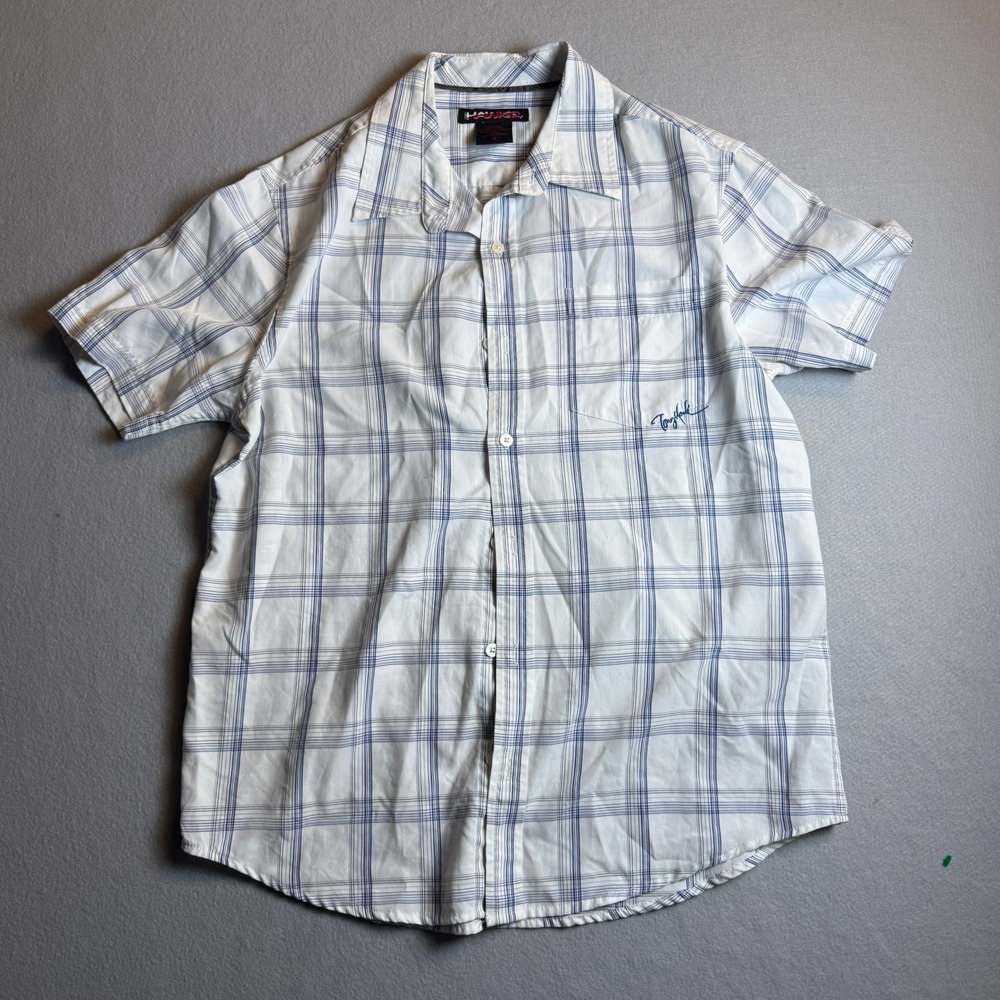 Tony Hawk Mens Medium Blue White Plaid Short Sleeve Button Up Shirt Modal Blend
